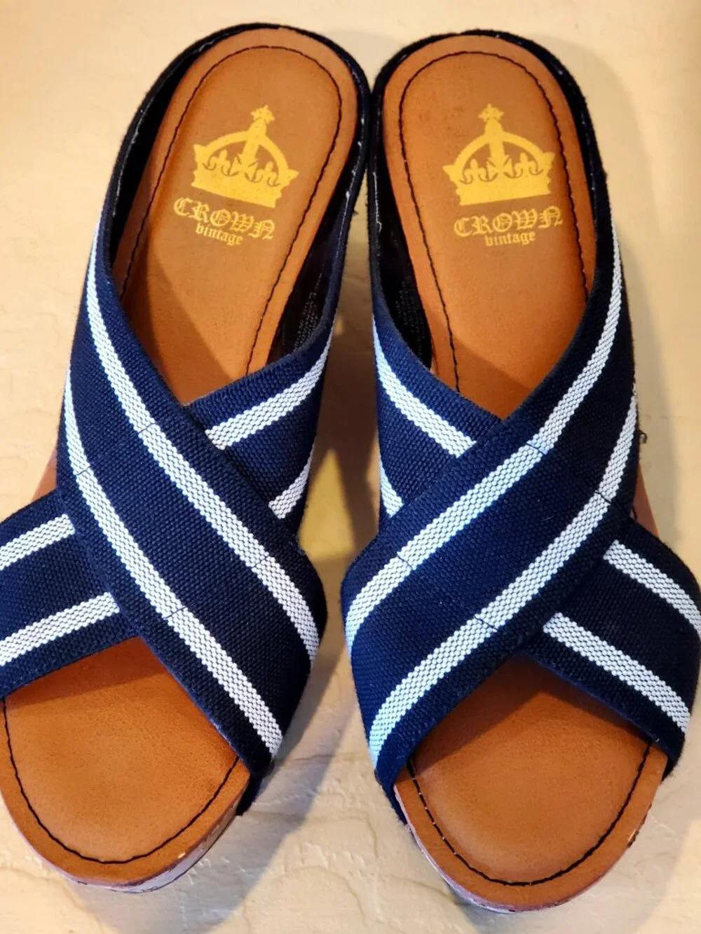 Cork Wedge Navy Blue & White Sandals Slip On Shoes Wedge Nautical Espadrilles